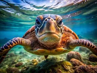 Obraz premium Documentary Photo: Sea Turtle Gazing Backwards, Coastal Wildlife, Ocean Conservation