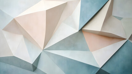 Obraz premium Minimalist abstract background featuring overlapping polygonal shapes in soft pastel tones of blue, beige, and white, creating modern and calming geometric design