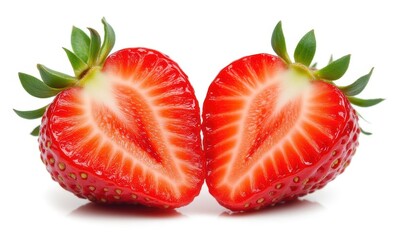 Freshly cut red strawberries with green leaves.