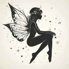 Silhouetted fairy with butterfly wings, sitting amidst stars.