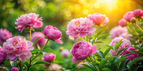 Obraz premium Delicate pink peonies and roses in a lush garden setting, surrounded by vibrant greenery, with soft sunlight filtering through the foliage , spring, color palette