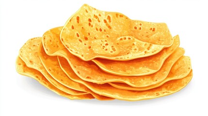 A collection of tortillas in a warm orange hue, stacked in a cascading manner on a pristine white backdrop. 