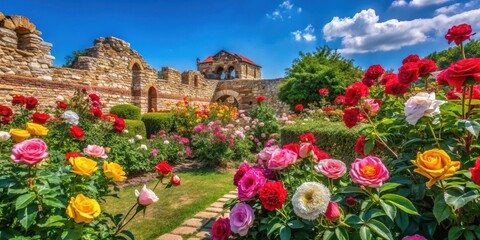Obraz premium Stunning rose garden in Nessebar, Bulgaria, with vibrant blooms against a clear blue sky and ancient stone walls, roses