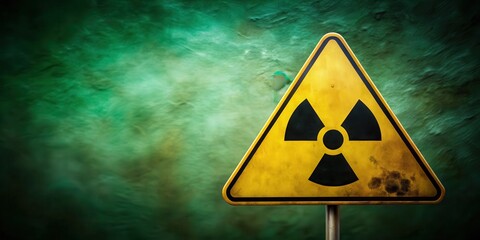 Fototapeta premium A radioactive sign with a bright yellow background and black text on a dark green or brownish-green color , hazard symbol, caution