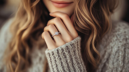 Close-up of a ring on the hand of a pretty woman in a sweater