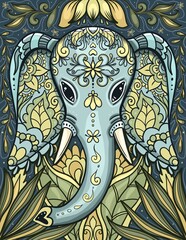Elephant head with tropical leaves, vertical illustration