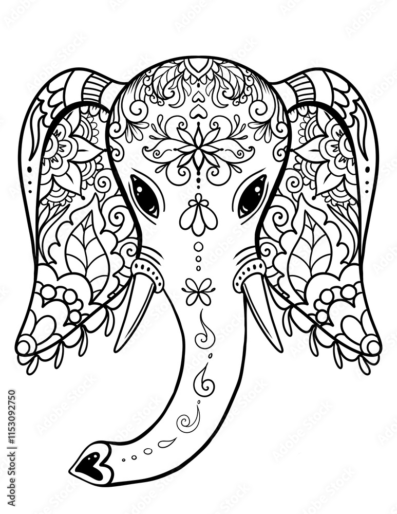 Wall mural Elephant head with ornament adult coloring book page, back outline