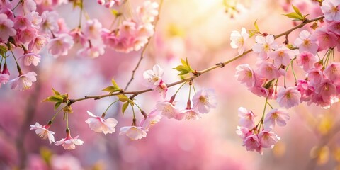 Fototapeta premium Soft pink sakura petals fall gently from a delicate branch in a serene garden setting on a warm spring day, gentle fall, soft petals