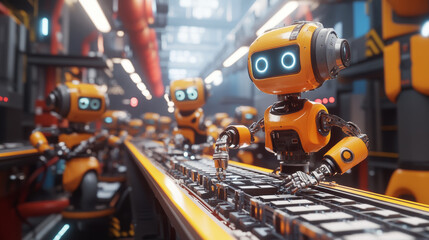 Robotics factory conveyor belt isometric landing page. Robot arms create electronics production on transporter line. Automation, smart cyborg industrial revolution, 3d vector illustration, web banner