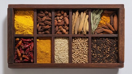 Assortment of Spices in a Wooden Box