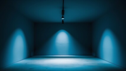 Photo of blue empty wall with illuminated black track light on cieling
