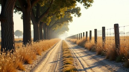 Naklejka premium Serene Dirt Road Lined with Majestic Trees and a Wire Fence at Dawn