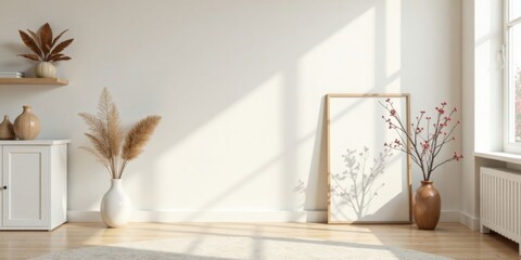 Sunlit minimalist living room interior design featuring simple decor, natural elements, and a blank frame for your artwork or text