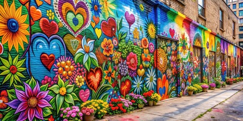 Colorful urban landscape with graffiti walls adorned with love symbols and vibrant flowers , art, blooms,  art, blooms