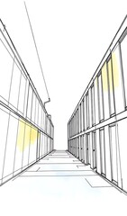 Hand-Drawn Sketch: Modern Building Corridor Perspective. AI Generated