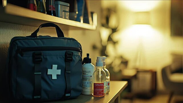 A family room with an emergency preparedness setup, warm lighting from a lamp highlighting a stocked emergency kit on a shelf, detailed view of first aid supplies, water, and a portable phone