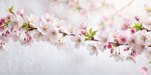 Delicate cherry blossoms unfolding against a crisp white paper background with minimal texture, showcasing the beauty of spring blossoming trees in full bloom , cherry blossom, blooming trees