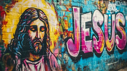 grungy street wall painted in graffiti style with word and illustration " JESUS "