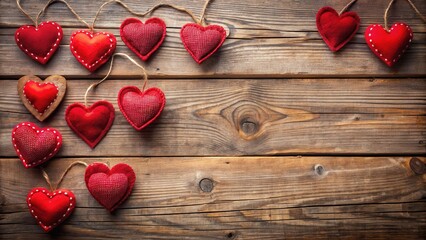 Fototapeta premium Warm red heart-shaped decorations on a rustic wooden table , Valentine's Day decor, home decor