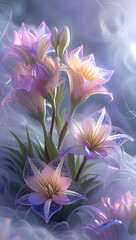 Fototapeta premium A beautiful spectrum of Alstroemerias flowers with delicate, translucent petals illuminated by soft light. Created with generative AI