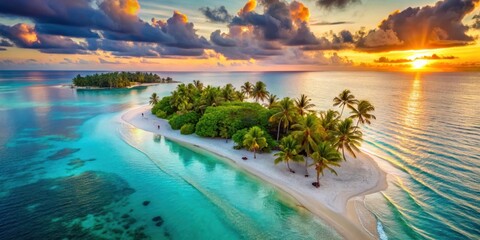Obraz premium Aerial view of Paradise Island at sunset with turquoise waters and white sandy beaches, paradise, palm trees, paradise