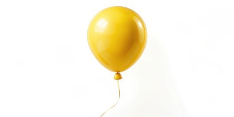 A bright yellow helium balloon with a rope tied around its middle floats freely in mid-air against an isolated white background, air buoyancy, colorfulness