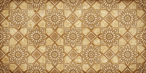 Distressed geometric pattern with intricate tile work and ornate details on a warm beige background