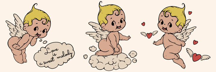 Set of retro cupid with wings, cloud and hearts illustration. Hand drawn line art vintage element for card, poster, design.