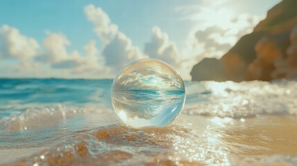 Calm Ocean Reflection in Glass Sphere on Serene Beachscape Scene