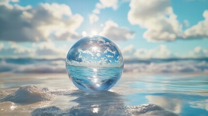 Crystal Sphere Reflecting Ocean and Sky with Clouds in Background