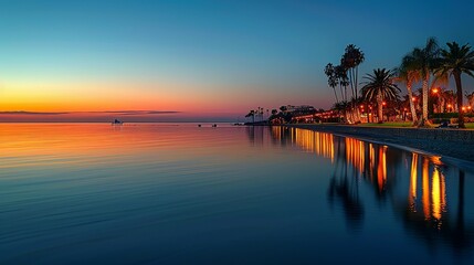 Fototapeta premium Serene Sunset over Coastal Palm Trees and Calm Ocean Waters