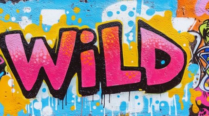 grungy street wall painted in graffiti style with word  " WILD  "