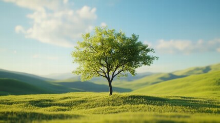 Fototapeta premium Lush Green Tree Surrounded by Rolling Hills Under a Clear Sky