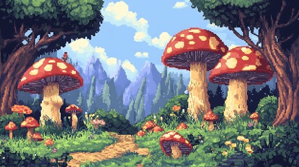 Vibrant Pixel Art Illustration: Enchanting Mushroom Forest Scene. AI Generated