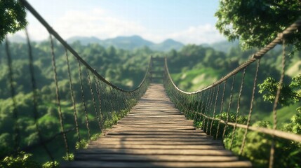 Obraz premium Serene Suspension Bridge Over Lush Green Valley in Bright Daylight