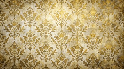Distressed vintage damask wallpaper with gold leaf accents and ornate floral patterns, ornate, patterns,  ornate