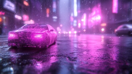 A futuristic city scene featuring a glowing pink car on a rainy street with neon lights.