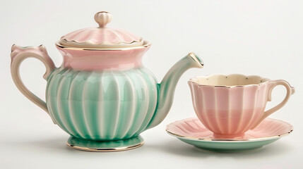 Vintage Teapot and Matching Cups in Delicate Design on white background.PNG