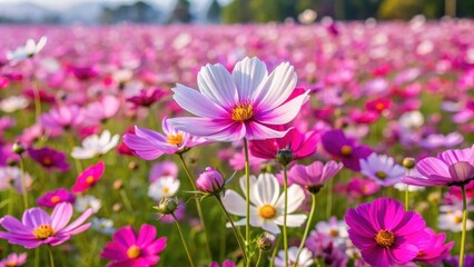 Obraz premium Vibrant cosmos flower field with varying shades of purple, pink and white flowers
