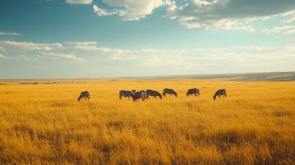 A serene landscape featuring elephants grazing in a golden grass field under a blue sky.