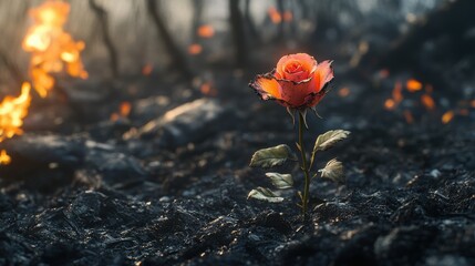 Beautiful Rose Blooming in Charred Landscape After Wildfire Event