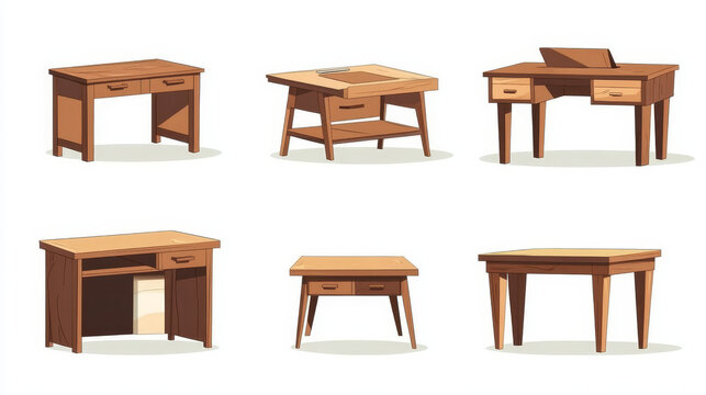 Empty wooden desks for work in office or home cabinet isolated on white background. Vector cartoon set of wood brown tables with drawers and shelves. Workspace furniture for job and study