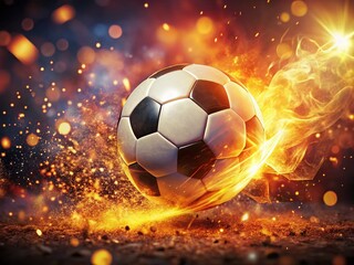 Fototapeta premium Dramatic Soccer Action: Fire Sparks & Bokeh Blurred Background