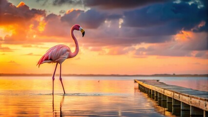A flamingo standing alone on a weathered pier at sunset with the water in front of it reflecting its pink feathers , Wildlife Images, Nature Scene