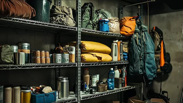 doomsday prepper shelves stocked with canned goods, water, and emergency supplies