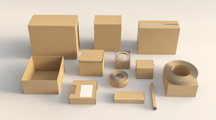 Obraz premium Empty cardboard boxes, open and closed packages for fragile cargo, parcel, storage or order delivery. Brown carton containers with tape and labels isolated on white background, 3d. 3D Illustration