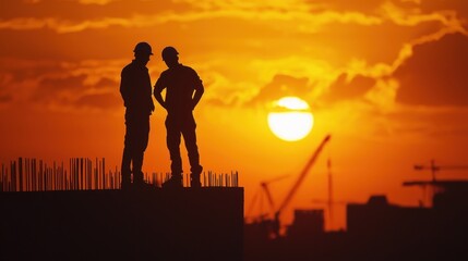 Fototapeta premium Sunset Silhouette of Two Construction Workers
