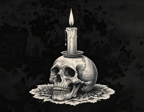 Un grabado macabro de inspiraci&oacute;n g&oacute;tica de una vela antigua parpadeante colocada sobre una calavera desgastada, que recuerda al arte de duelo del siglo