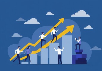 Business growth concept, upward arrows, teamwork, leadership, climbing to success