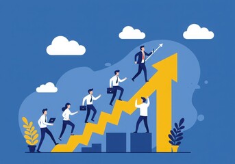Business growth concept, upward arrows, teamwork, leadership, climbing to success